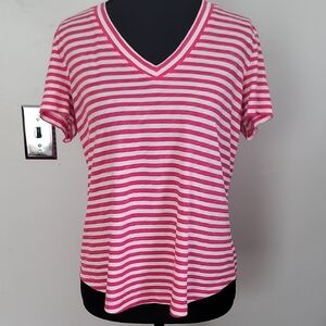 LOFT Fitted White and Pink Short Sleeve Tee